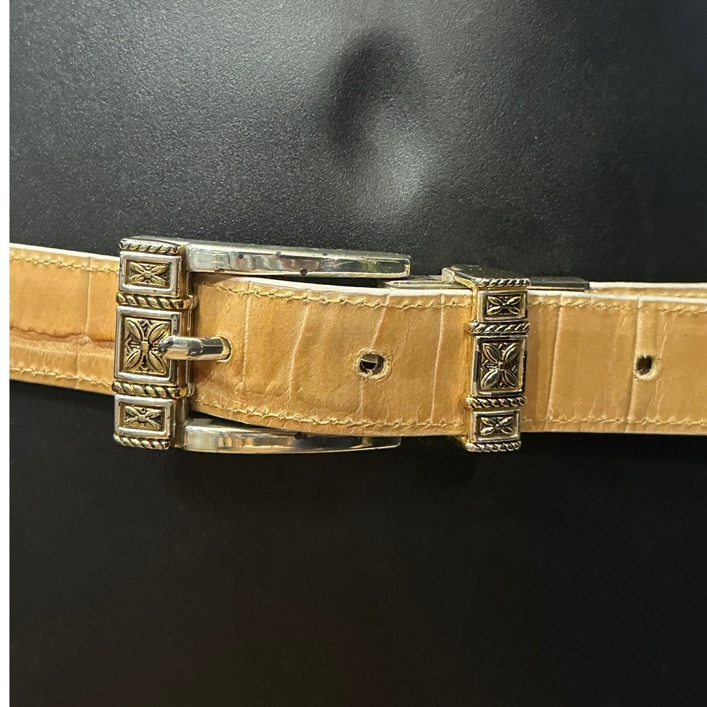 Brighton Reversible Croc Embossed Leather Belt Tan Cream Silver Gold Buckle M 30